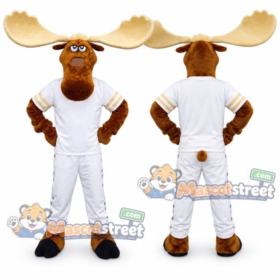 Brown Moose Mascot Costume with White Sports Uniform