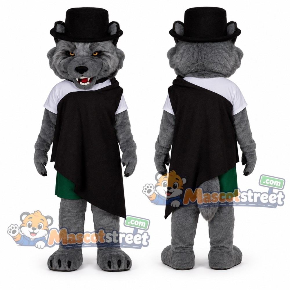 Gray Wolf Mascot Costume with Black Cape and Top Hat