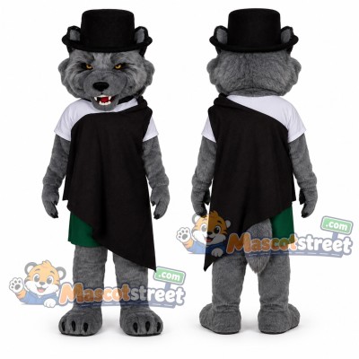 Gray Wolf Mascot Costume with Black Cape and Top Hat