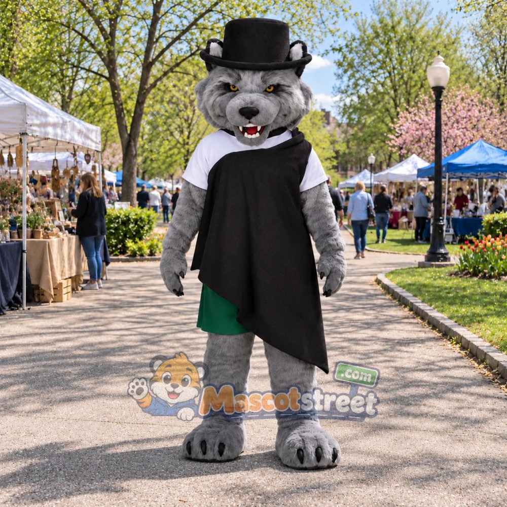 Gray Wolf Mascot Costume with Black Cape and Top Hat