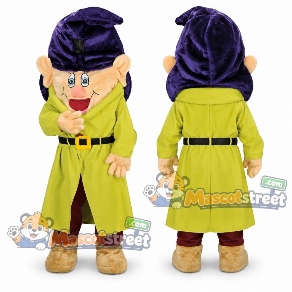 Dwarf Mascot Costume with Yellow Coat and Purple Hat