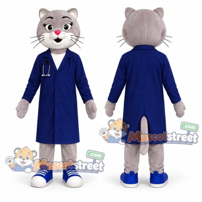 Gray Cat Mascot Costume with Navy Doctor Coat Gray Cat Mascot Costume with Navy Doctor Coat