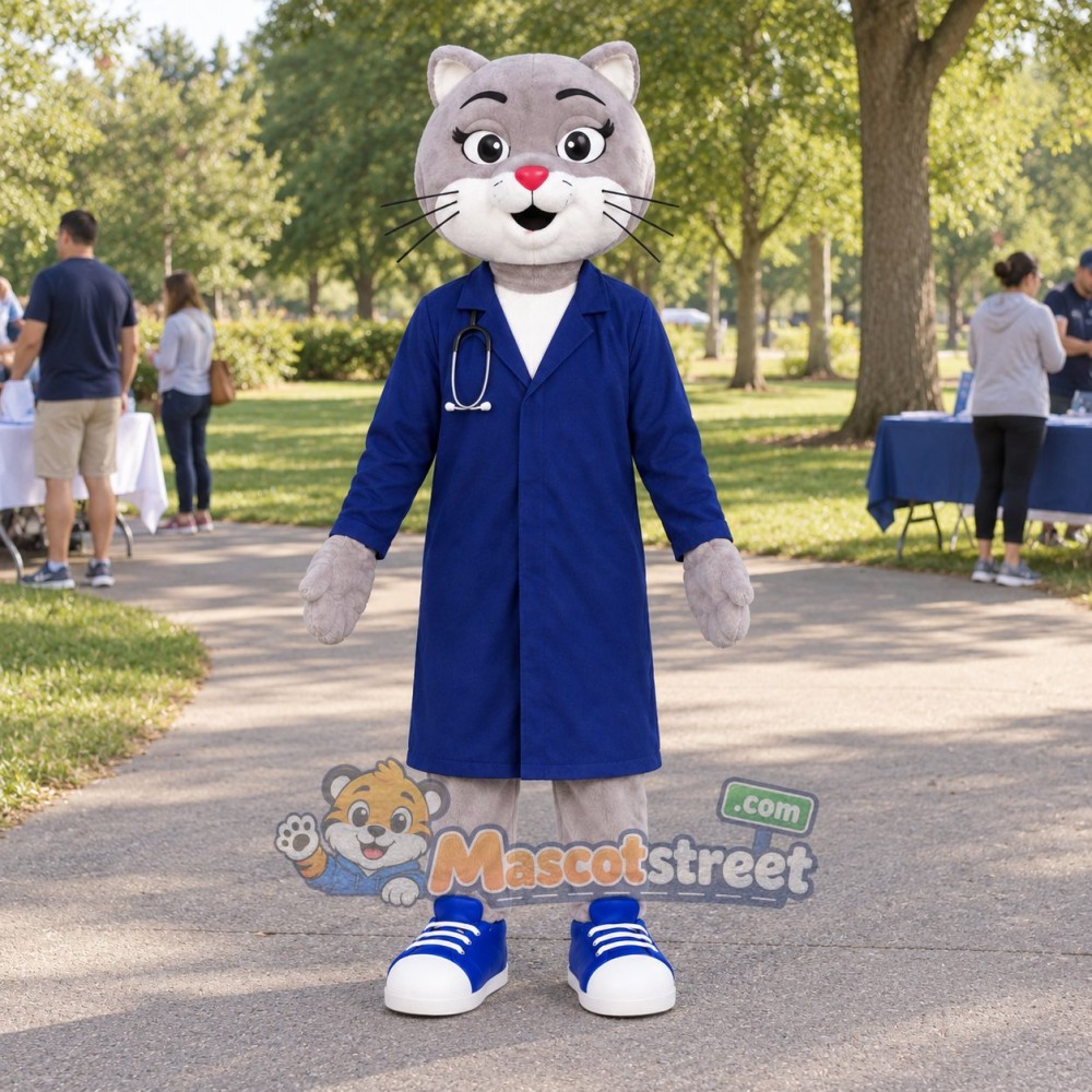 Gray Cat Mascot Costume with Navy Doctor Coat Gray Cat Mascot Costume with Navy Doctor Coat