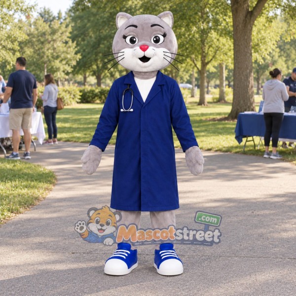 Gray Cat Mascot Costume with Navy Doctor Coat