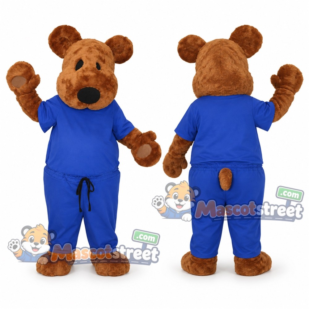 Brown Bear Mascot Costume with Blue Medical Scrubs