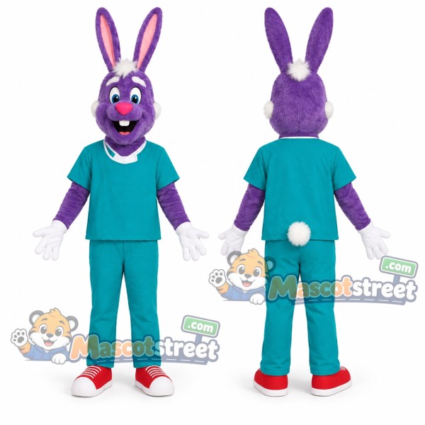 Purple Rabbit Mascot Costume with Teal Medical Scrubs
