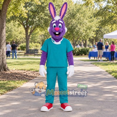 Purple Rabbit Mascot Costume with Teal Medical Scrubs