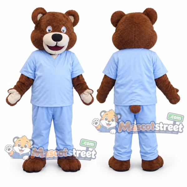 Brown Bear Mascot Costume with Light Blue Medical Scrubs