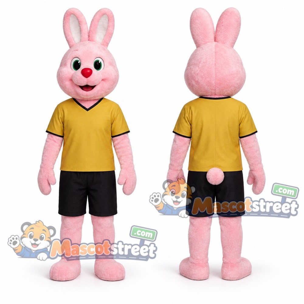 Pink Rabbit Mascot Costume with Yellow Shirt and Black Shorts Pink Rabbit Mascot Costume with Yellow Shirt and Black Shorts