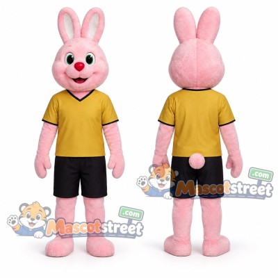 Pink Rabbit Mascot Costume with Yellow Shirt and Black Shorts Pink Rabbit Mascot Costume with Yellow Shirt and Black Shorts