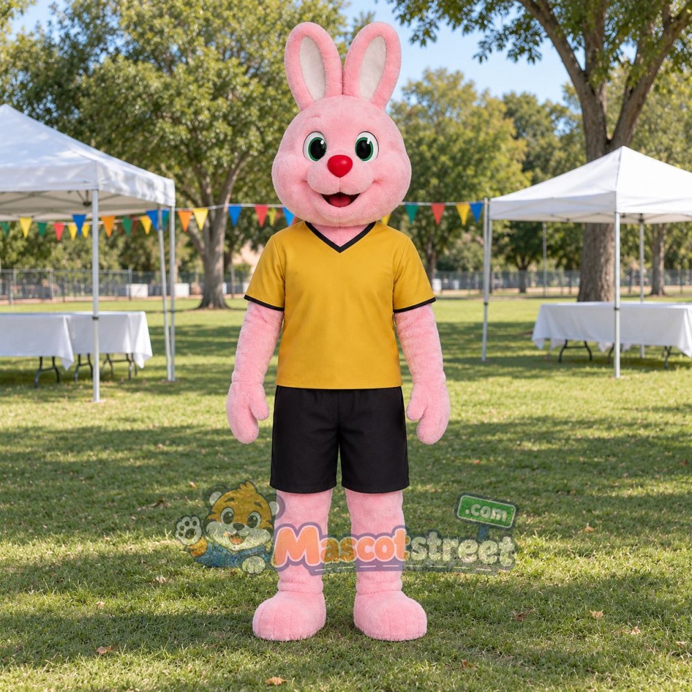 Pink Rabbit Mascot Costume with Yellow Shirt and Black Shorts