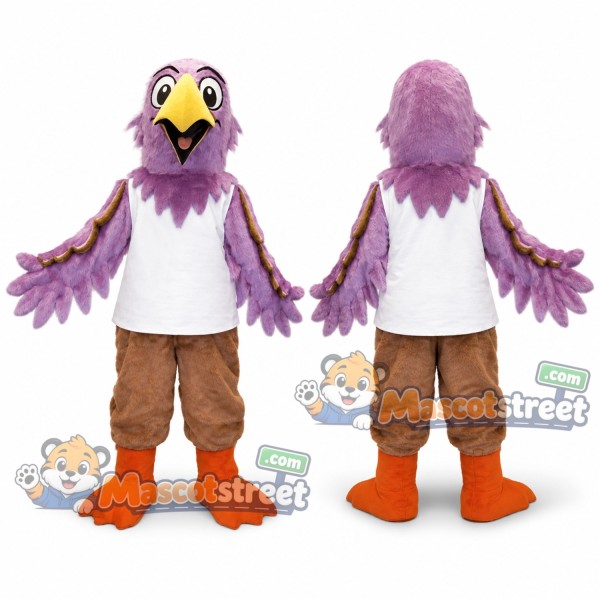 Purple Bird Mascot Costume with White Shirt and Brown Shorts