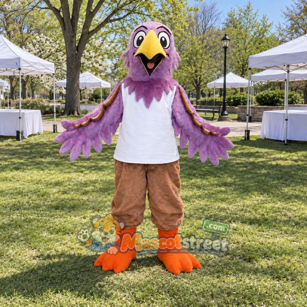 Purple Bird Mascot Costume with White Shirt and Brown Shorts Purple Bird Mascot Costume with White Shirt and Brown Shorts