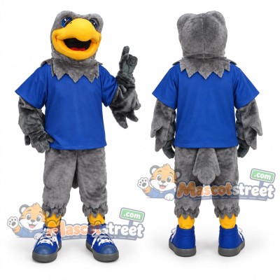 Gray Hawk Mascot Costume with Blue Shirt Gray Hawk Mascot Costume with Blue Shirt