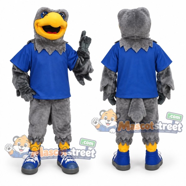 Gray Hawk Mascot Costume with Blue Shirt