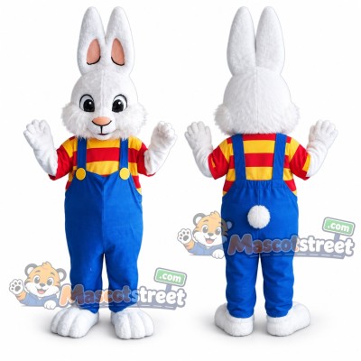 White Rabbit Mascot Costume with Red Shirt and Blue Overalls White Rabbit Mascot Costume with Red Shirt and Blue Overalls