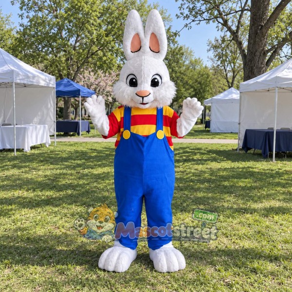 White Rabbit Mascot Costume with Red Shirt and Blue Overalls