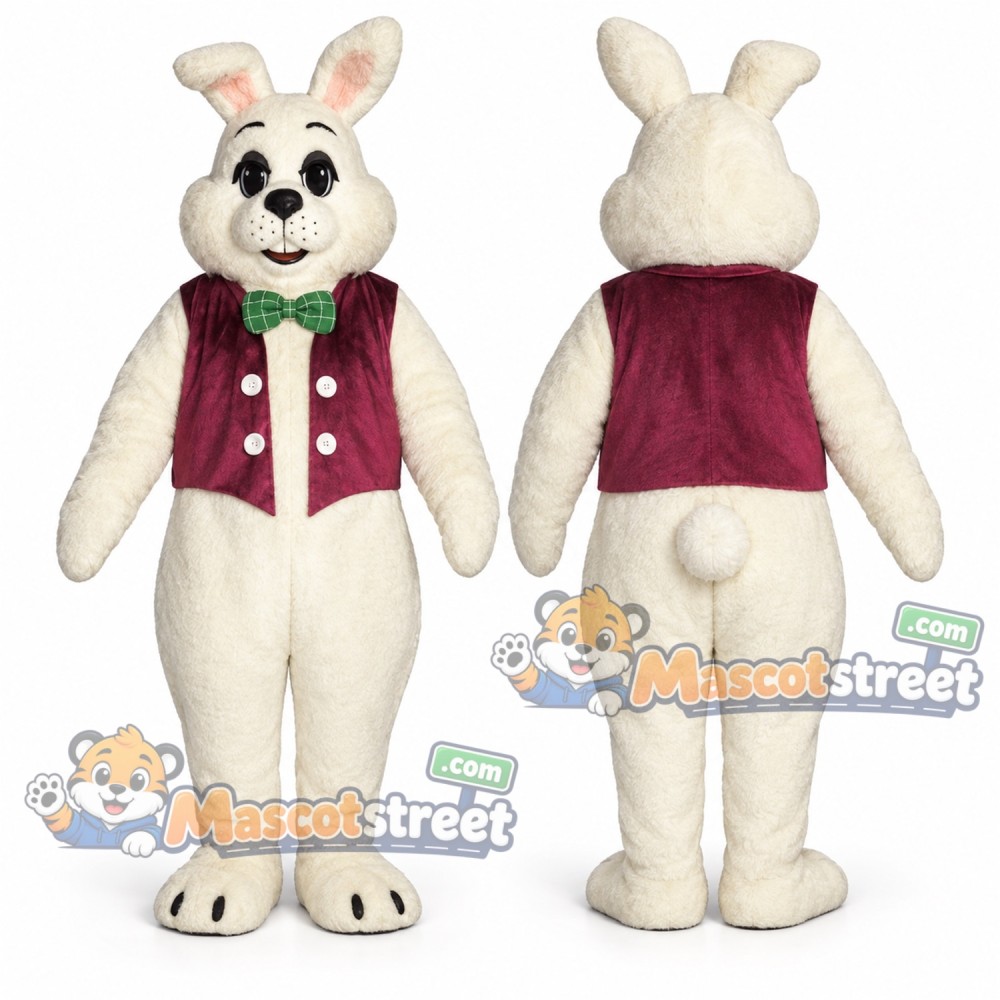 White Rabbit Mascot Costume with Burgundy Vest and Green Bow Tie White Rabbit Mascot Costume with Burgundy Vest and Green Bow Tie