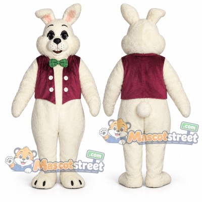 White Rabbit Mascot Costume with Burgundy Vest and Green Bow Tie White Rabbit Mascot Costume with Burgundy Vest and Green Bow Tie