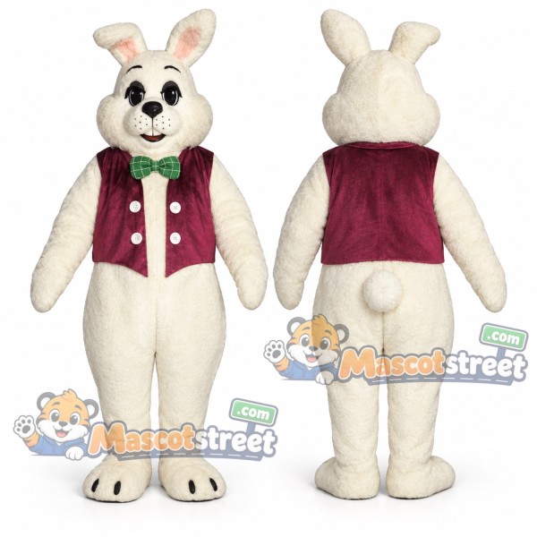 White Rabbit Mascot Costume with Burgundy Vest and Green Bow Tie