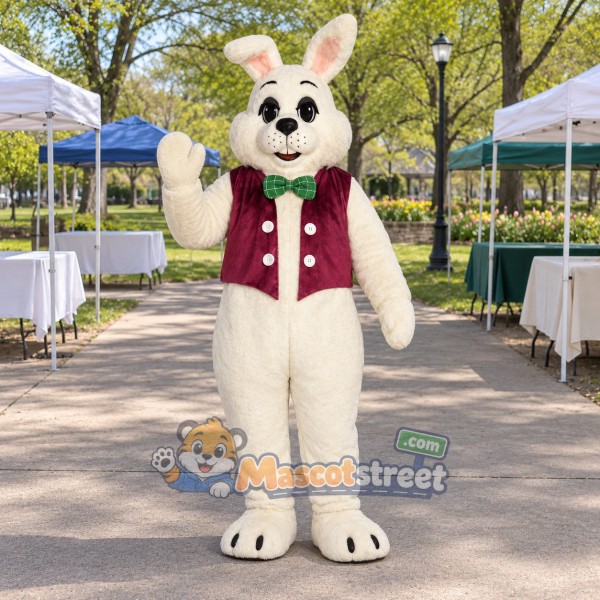White Rabbit Mascot Costume with Burgundy Vest and Green Bow Tie