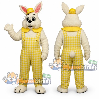 White Rabbit Mascot Costume with Yellow Gingham Overalls White Rabbit Mascot Costume with Yellow Gingham Overalls