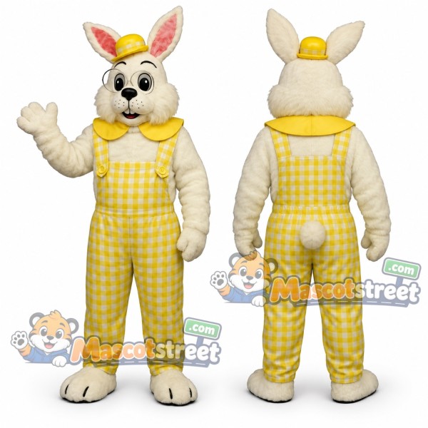 White Rabbit Mascot Costume with Yellow Gingham Overalls