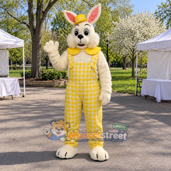White Rabbit Mascot Costume with Yellow Gingham Overalls