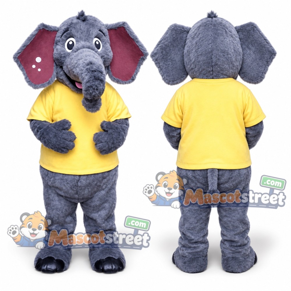 Gray Elephant Mascot Costume with Yellow Shirt Gray Elephant Mascot Costume with Yellow Shirt