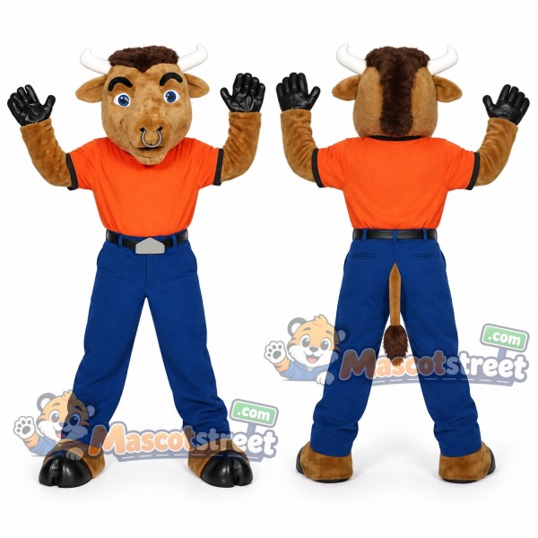 Brown Horse Mascot Costume with Orange Shirt and Blue Pants