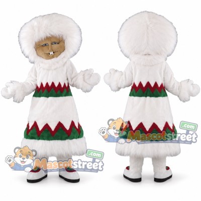 Winter Girl Mascot Costume with White Fur Trimmed Dress