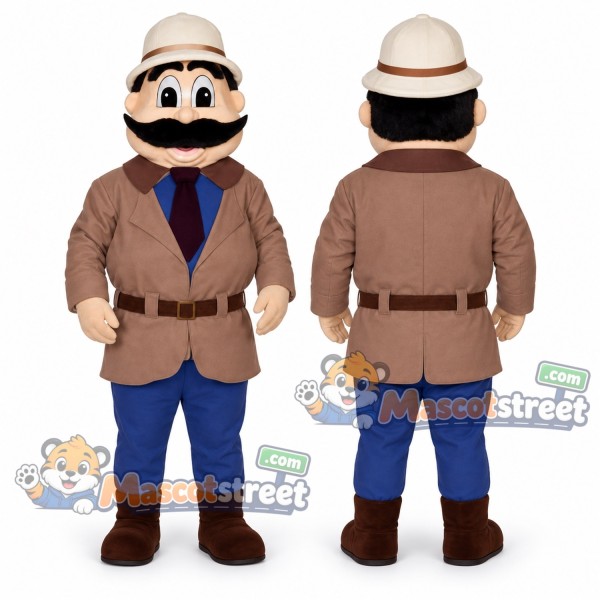 Explorer Mascot Costume with Brown Jacket and Safari Hat