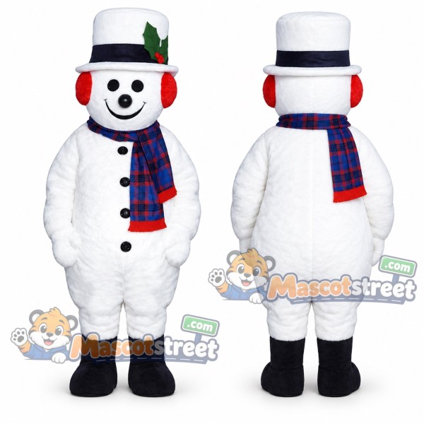 Snowman Mascot Costume with White Top Hat and Plaid Scarf