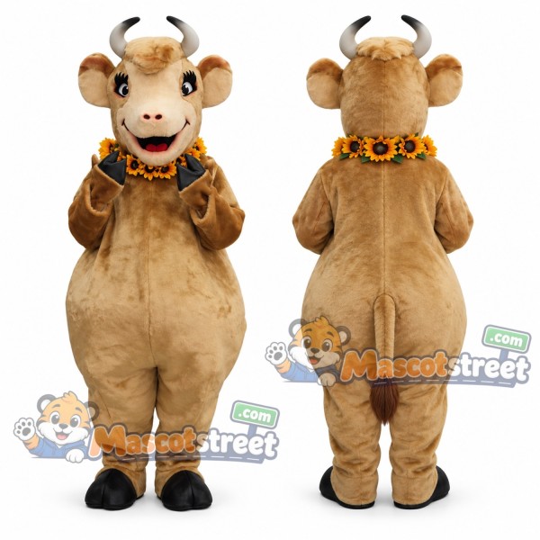 Tan Cow Mascot Costume with Flower Necklace