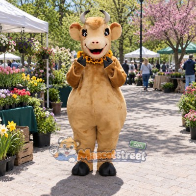 Tan Cow Mascot Costume with Flower Necklace