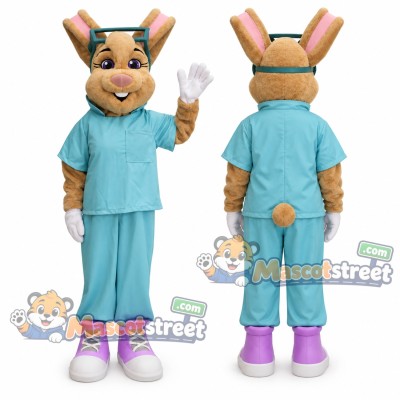 Tan Rabbit Mascot Costume with Teal Medical Scrubs Tan Rabbit Mascot Costume with Teal Medical Scrubs