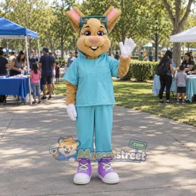 Tan Rabbit Mascot Costume with Teal Medical Scrubs Tan Rabbit Mascot Costume with Teal Medical Scrubs