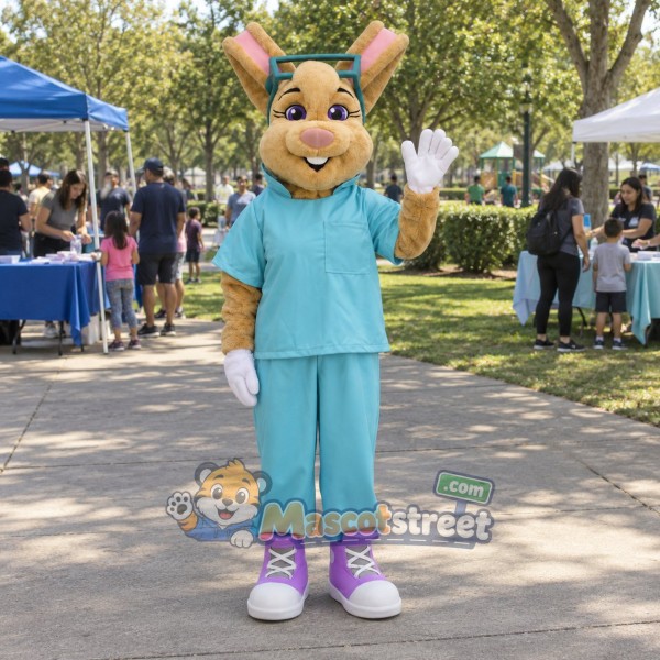 Tan Rabbit Mascot Costume with Teal Medical Scrubs