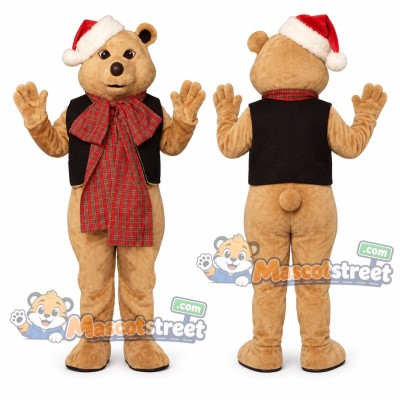 Tan Bear Mascot Costume with Santa Hat and Red Scarf Tan Bear Mascot Costume with Santa Hat and Red Scarf