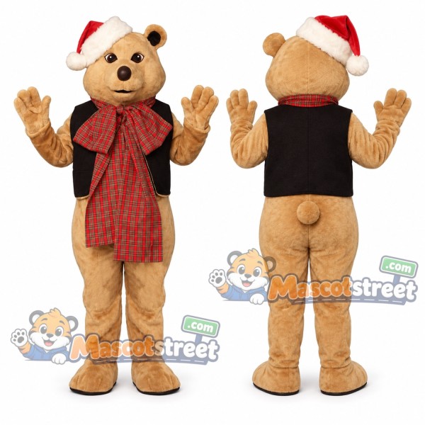 Tan Bear Mascot Costume with Santa Hat and Red Scarf