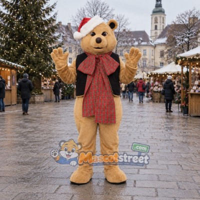 Tan Bear Mascot Costume with Santa Hat and Red Scarf Tan Bear Mascot Costume with Santa Hat and Red Scarf
