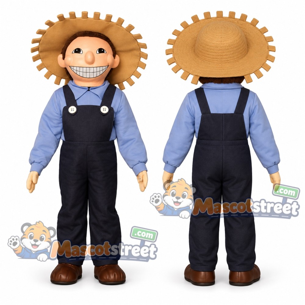 Farmer Mascot Costume with Blue Shirt, Dark Overalls and Straw Hat Farmer Mascot Costume with Blue Shirt, Dark Overalls and Straw Hat