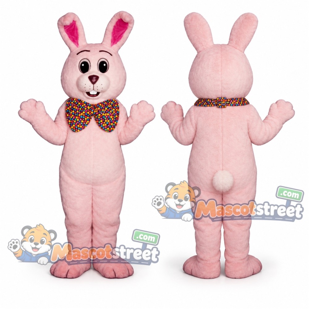 Pink Rabbit Mascot Costume with Patterned Bow Tie Pink Rabbit Mascot Costume with Patterned Bow Tie