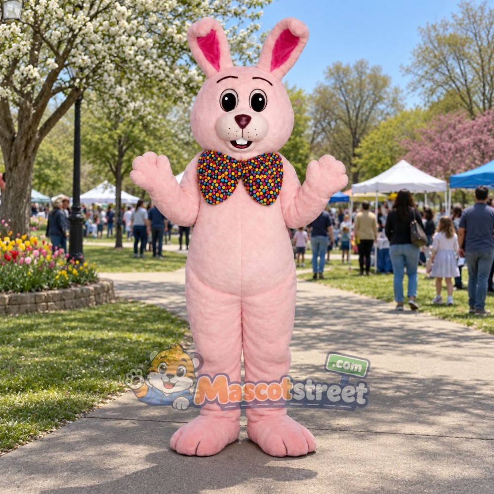 Pink Rabbit Mascot Costume with Patterned Bow Tie
