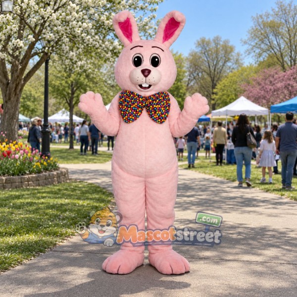 Pink Rabbit Mascot Costume with Patterned Bow Tie