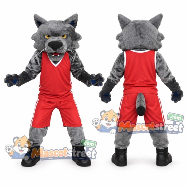 Gray Bobcat Mascot Costume with Red Sports Uniform