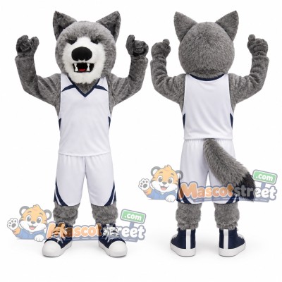 Gray Coyote Mascot Costume with White Sports Uniform Gray Coyote Mascot Costume with White Sports Uniform