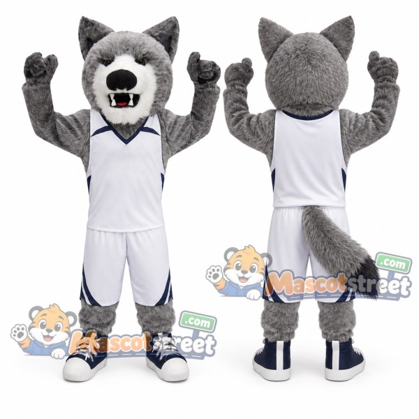 Gray Coyote Mascot Costume with White Sports Uniform