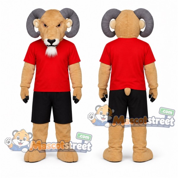Tan Ram Mascot Costume with Red Shirt and Black Shorts
