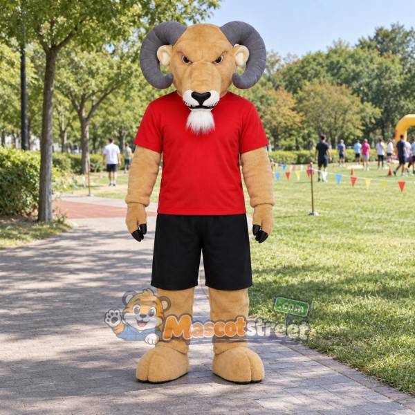 Tan Ram Mascot Costume with Red Shirt and Black Shorts